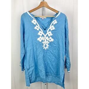 BARBARA GERWIT  Size M Linen Tunic Top Embellished V-Neck Pullover Blue White